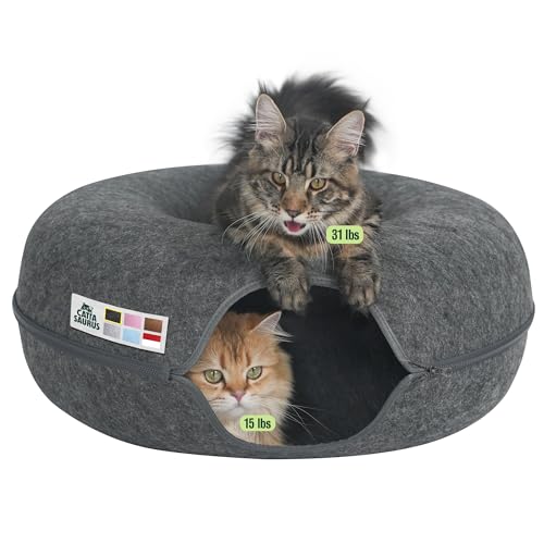 Cattasaurus Peekaboo Cat Cave Donut for Multiple & Large Cats up to 30-45 lbs, 3-in-1 Self Warming Cat Bed, Tunnel & Scratcher for Indoor Cats, Washable & Detachable Small Dog Bed (Dark Gray, Jumbo) - color: Dark Gray, size: Jumbo
