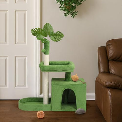 36in Cat Tree with Leaves, Multi-Level Cat Tower with Scratching Post, Cozy Condo & Padded Perch, Dangling Ball for Kittens and Indoor Cats, Compact Cat Furniture for Small Spaces, Green