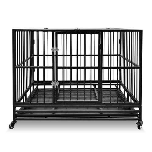 46" Heavy Duty Dog Crates Dog Cage for Large Dogs with Lockable Wheels Removable Tray Escape Proof Dog Cage Dog Kennel Indoor and Outside Suitable for High Anxiety Dogs Double Doors 94.1lbs