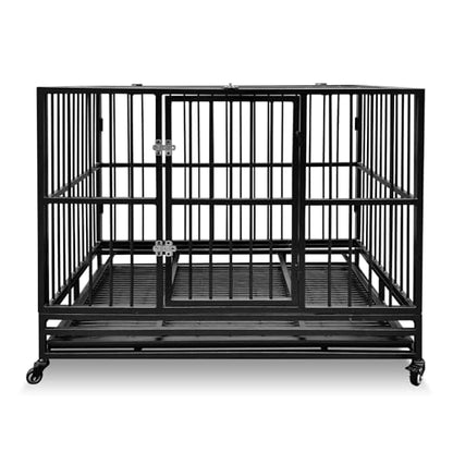 46" Heavy Duty Dog Crates Dog Cage for Large Dogs with Lockable Wheels Removable Tray Escape Proof Dog Cage Dog Kennel Indoor and Outside Suitable for High Anxiety Dogs Double Doors 94.1lbs