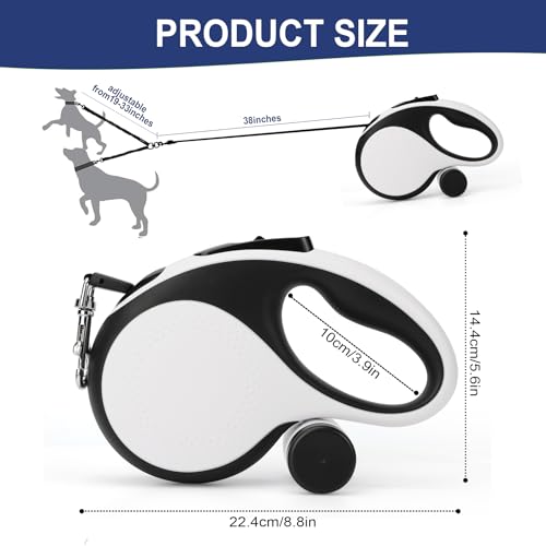 Dual Retractable Dog Leash for 2 Medium Dogs (Up to 66LBS Each) - Double Headed Pet Leash with Poop Bags and LED Light, One Button Brake & Lock, 360 Tangle-Free (White, Medium) - color: WHITE, size: Medium