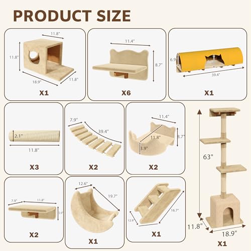 Cat Wall Shelves with Cat Tree, 26-in-1 Wall Mounted Pet Furniture with 40''L Tunnel, Scratching Posts, House, Step and Floating Bridge, Cat Climbing Wall Systems with 63'' Cats Tower, Beige - color: Beige, size: 26-in-1