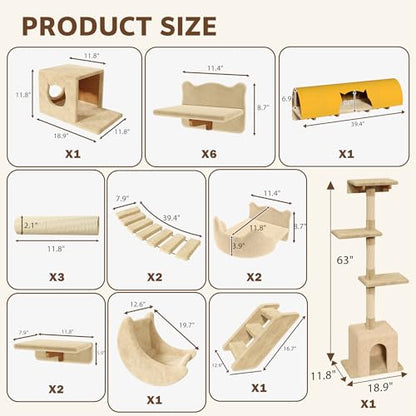 Cat Wall Shelves with Cat Tree, 26-in-1 Wall Mounted Pet Furniture with 40''L Tunnel, Scratching Posts, House, Step and Floating Bridge, Cat Climbing Wall Systems with 63'' Cats Tower, Beige - color: Beige, size: 26-in-1