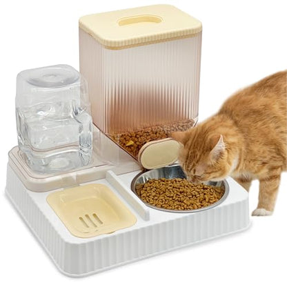 Fhiny Gravity Cat Feeder & Water Dispenser, 2 in 1 Automatic Puppy Waterer Removable Stainless Steel Food Bowls Set Self Feeding Pet Food Storage for Cat Kitten Puppy Easy Clean (Yellow) - color: Yellow-Metal Bowl