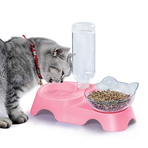 MILIFUN Double Dog Cat Bowls - Pets Water and Food Bowl Set, 15°Tilted Water and Food Bowl Set with Automatic Waterer Bottle for Small or Medium Size Dogs Cats - color: Pink