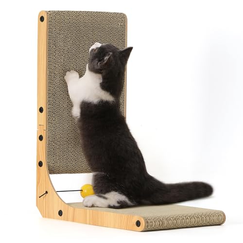 FUKUMARU Cat Scratcher, 18.9 Inch L Shape Cat Scratch Pad, Vertical Cat Scratcher Wall Mounted, Cat Scratching Cardboard with Ball Toy for Indoor Cats - size: 1 Pack 18.9 in Wood Color