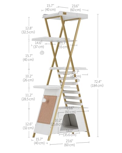 FourFurPets 72.4" Cat Tree, Modern Cat Tower for Indoor Cats, Multi-Level Cat Condo with Caves, Tall Cat Tree with Cat Scratching Board, Wooden Cat Tower with Large Perch, Removable Pads, White - color: White