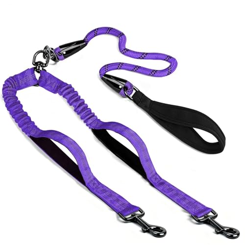 Durable Double Dog Leash Two Dog Leash No Tangle with Padded Handles & Reflective Strips for Medium Large Dogs, Comfortable Shock Absorbing Bungee for Two Dogs 18~120 Lbs - color: Purple