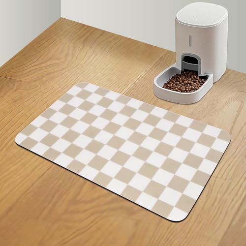 CooRug Checkered Dog Food Mat, Absorbent Leak-Proof Pet Feeding Mat, Quick Dry Cat Food Mat for Messy Drinkers 12" x 20" Khaki - color: Khaki, size: 12" x 20"