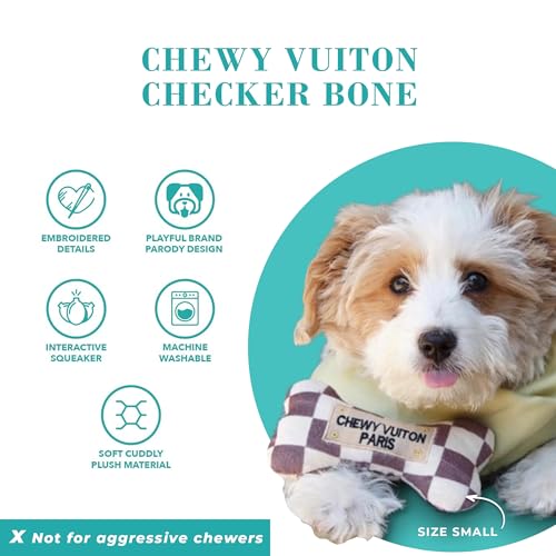 Haute Diggity Dog Chewy Vuiton Bone Plush Squeaky Dog Toy, Soft Durable Designer-Inspired Stuffed Puppy Chew Toys for Small & Medium Dogs, Machine-Washable (Tan Checker) Large - color: Brown Bone, size: Large