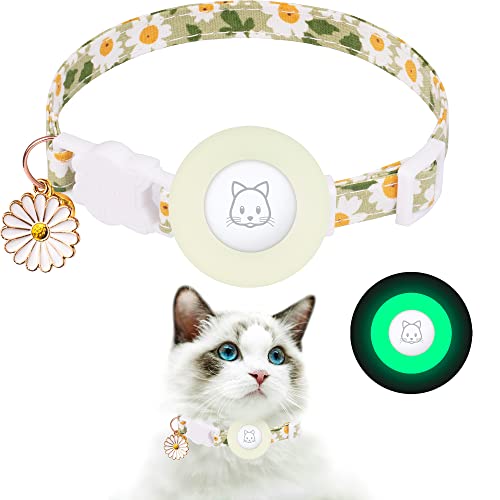 Airtag Cat Collar, JXFUKAL Kitten Collar Breakaway with Silicone Airtag Holder, Bells & Flower Charm for Girl Cats Boy Cats Small Dogs(Luminous Green) - color: Green