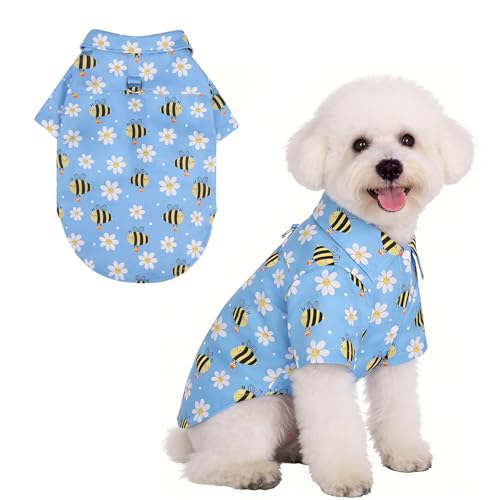 KOOLTAIL Spring Dog Shirt with Leash D-Ring, Soft Pet Botton Up Summer Beach Clothes for Small Medium Dogs, Breathable Puppy Polo Outfit with Sun & Insect Protection, Indoor Outdoor, Boy&Girl, Blue SM - color: Blue Bee, size: Small/Medium