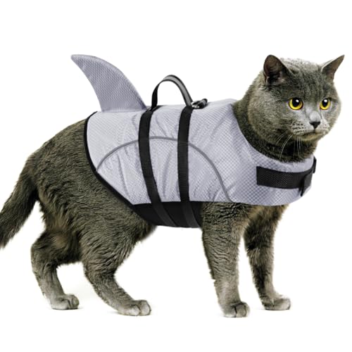Queenmore Cat Life Jacket, XXS Extra Small Dog Life Vest, Puppy Life Vest for Swimming, Small Dog Vests for Boating, Lightweight High-Vis Water Floating Vest with Rescue Handle/Leash Hook - color: Grey, size: XX-Small