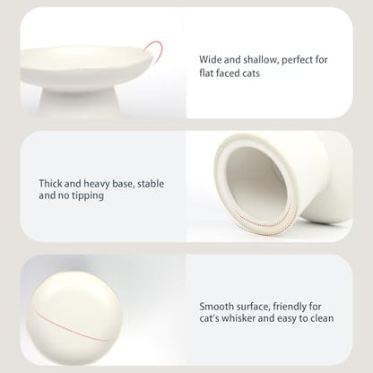 Extra Wide 6.1" Raised Cat Food Bowl, Shallow Ceramic Elevated Cat Feeder, Anti Vomiting, Stress Free, Whisker Fatigue, Pet Food or Water Bowl, White - color: White-Shallow
