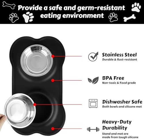 Dog Food Bowls Stainless Steel Dog Bowls with No Spill Non-Skid Silicone Mat, Dog Food and Water Bowl Set, Dog Dishes for Small Medium Large Sized Dogs Pet Food Feeding Bowls, 4 Cup, Black - color: Black, size: 4¾ Cup/38 oz each