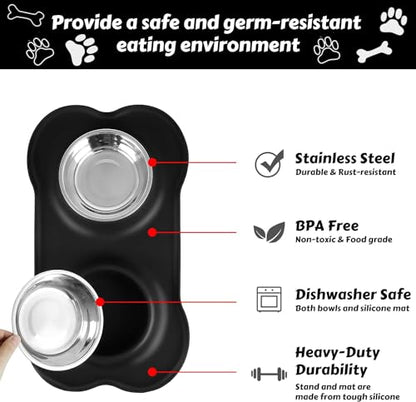 Dog Food Bowls Stainless Steel Dog Bowls with No Spill Non-Skid Silicone Mat, Dog Food and Water Bowl Set, Dog Dishes for Small Medium Large Sized Dogs Pet Food Feeding Bowls, 4 Cup, Black - color: Black, size: 4¾ Cup/38 oz each