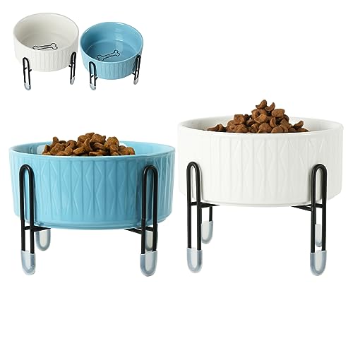 32 OZ Raised Dog Cat Bowls with Elevated Metal Stand, 6.5 Inch Ceramic Round Pet Food and Water Feeder Bowl Dish for Cats & Dogs, White & Blue, Set of 2 - color: White & Blue