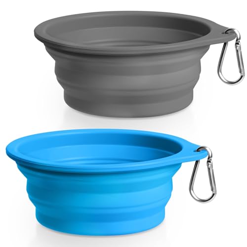 Rest-Eazzzy 2-Pack Silicone Collapsible Dog Bowls, BPA Free Dishwasher Safe, Portable Foldable Travel Bowl, Food Water Feeding Cup Dish for Dogs Cats with 2 Carabiners (Grey, Blue, 600 ML) - color: Grey, Blue