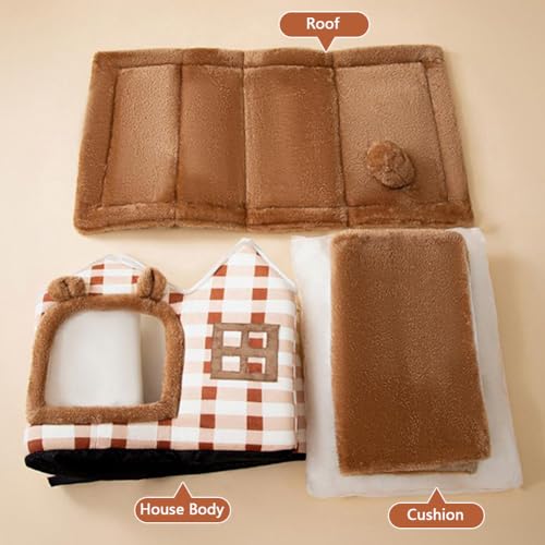 Cute Bear Pet Nest Luxury Double Roof Indoor Dog House Winter Cat Nest Foldable Warm Soft Kennel Cozy Cat House with Removable Cushion Pillow and Non-Slip Bottom - size: M:17.3*14.2*15.4IN