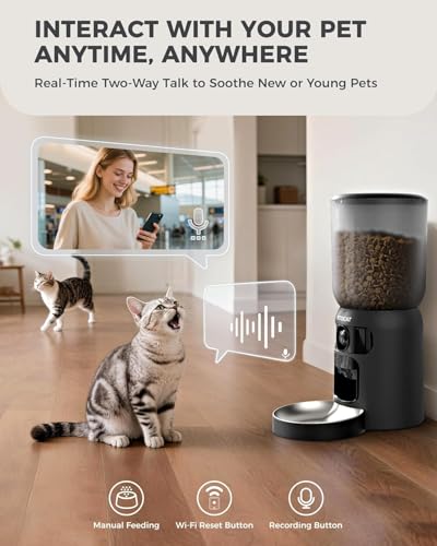 PETOCAT AI Automatic Cat Feeder with 2K HD Dual Cameras,5G&2.4G Wi-Fi 6L Cat Food Dispenser with Cats Recognition& Diet Tracking, Laser Interactive Toy & Two-Way Audio