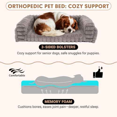 Beside Dog Bed,Adjustable Height Dog Bunk Beds,27.5''x 18''Metal Dogs Bed Frame with Washable Removable Corduroy Cover,Memory Foam Pet Bed with Sides,Medium - size: Medium