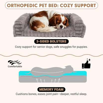 Beside Dog Bed,Adjustable Height Dog Bunk Beds,27.5''x 18''Metal Dogs Bed Frame with Washable Removable Corduroy Cover,Memory Foam Pet Bed with Sides,Medium - size: Medium