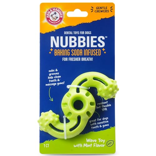 Arm & Hammer Nubbies Dog Dental Chew Toy, TPR Wave, Mint Flavor, for Gentle Chewers, Helps Reduce Plaque and Tartar Buildup, Baking Soda Infused, No Stuffing Designs - color: Green Wave, size: 1 Count