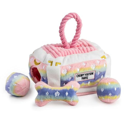 Haute Diggity Dog Chewy Vuiton Trunk Puzzle with 3 Plush Squeaky Dog Toys, Soft Durable Designer-Inspired Stuffed Puppy Chew Toys for Small & Medium Dogs, Machine-Washable (Pink Ombre) One Size - color: Pink Ombre Trunk, size: One Size