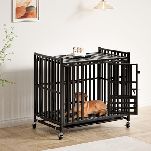 48/43/42Inch Heavy Duty Indestructible Dog Crate for Large Dogs,Escape-Proof Steel Kennel for Large Dogs,3Door Design with 4Lockable Wheels,Extra Large XXL Dog Cage with 2Removable Tray (42) - size: 42