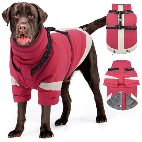 MIGOHI Rainproof Dog Winter Jacket with Harness,XXL Large Fleece Dog Coat with Sleeves,Adjustable Pet Puffer Jacket Snowsuit Cold Weather Coats for Golden Labrador Retriever,XXL,Pink - color: Pink, size: 2XL(Chest:35.4")