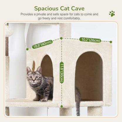 Globlazer Cat Tree Tower with Scratching Post for Indoor Cats, 53inch Tall Plush Multi-Level Cat Climbing Tower Condo House with Large Hammock, Spacious Cat Cave, Big Padded Top Perch Bed, F53, Beige - color: Beige