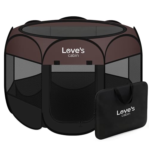 Love's cabin Pet Puppy Dog Playpen, Medium Dog Tent Crates Cage Indoor/Outdoor, Portable Playpen for Cat, Foldable Pop Up Dog Kennel Playpen with Carring Case, Removable Zipper Top, Brown - color: Brown, size: 30.0"L x 30.0"W x 23.0"H