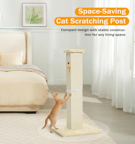 Made4Pets Cat Scratching Post, 32 Inch Natural Sisal Cat Scratcher with Kitten Toy, Tall Scratching Post for Indoor Cats Adults and Kittens, Beige - color: Beige-Sisal