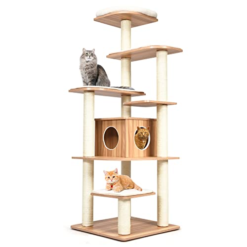PETSITE 69 Inches Tall Cat Tree, Modern Wooden Cat Tower with Sisal Scratching Posts, Double-Entry Cat Condo, Multiple Jumping Platforms with Removable Soft Pads, Ideal for Indoor Cats Large Adult - color: Natural