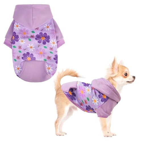 KOOLTAIL Dog Hoodies, Soft Dog Sweater, Spring Dogs Coats, Warm Fleece Pet Clothes Hooded Sweatshirt with Pocket for Small Medium Large Dogs Cats Boys Girls, Holiday Flower Purple S - color: Floral Purple, size: Small