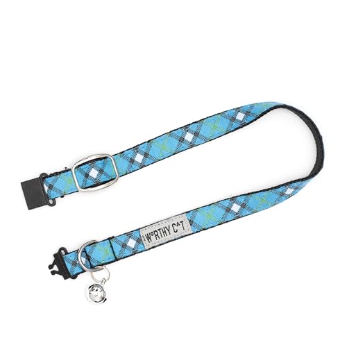 THE WORTHY DOG Patterned Bias Plaid Cat Collar with Bell, Adjustable Nylon Safety Collar, Blue, One Size - color: Blue-Bias Plaid