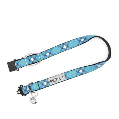 THE WORTHY DOG Patterned Bias Plaid Cat Collar with Bell, Adjustable Nylon Safety Collar, Blue, One Size - color: Blue-Bias Plaid