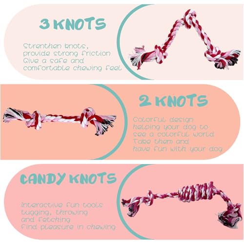 Puppy 3 Pack Cotton Knot Rope Toys for Small Dogs & Puppies, Durable Teething & Tug of War Chew Toy, Safe Interactive Toy for 2-8 Months Pets and High Active Puppy (Pink, Small) - size: Small