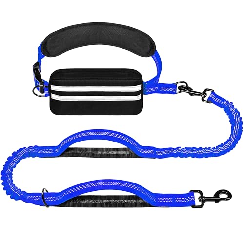 Hands Free Dog Leash with Zipper Pouch, Running Waist Leash for Dog Walking, Adjustable Waist Belt for Large Dogs, Reflective Bungee Design with Two Handle for Hiking, Training, Royal Blue - color: Royal Blue