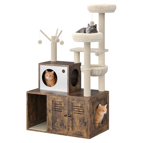 Cat Litter Box Enclosure with Tree Tower and Condo, Hidden Pet Washroom Furniture with Sisal Scratching Post,Hammocks and Soft Plush Perch, Wooden Cat Furniture with Multiple Platforms,Rustic Brown - color: Rustic Brown