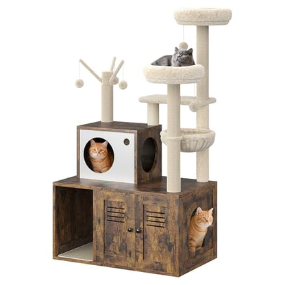 Cat Litter Box Enclosure with Tree Tower and Condo, Hidden Pet Washroom Furniture with Sisal Scratching Post,Hammocks and Soft Plush Perch, Wooden Cat Furniture with Multiple Platforms,Rustic Brown - color: Rustic Brown