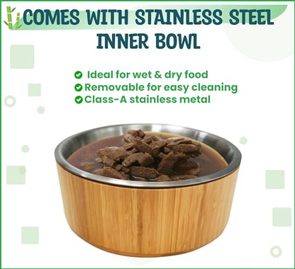 Elevated Dog Bowls for Large Breed - (15-Inch High) Raised Food/Water Bowl with Stand - Bamboo-Steel, Dry/Wet Food Suitable - color: Bamboo-N15, size: Height: 15" Bowl: 9.5"