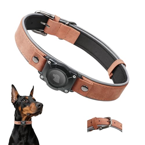 Leather AirTag Dog Collar - IPX8 Waterproof Dog Collar with AirTag Holder|Reflective, High - End, Adjustable Soft Padded |Dog GPS Collar Tracker Fit for Medium Large Dogs (Mahogany Brown, XL) - color: MAHOGANY BROWN, size: XL (17.3"-23.6")