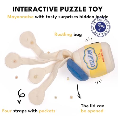 CHEWFFON Dog Enrichment Toys, Interactive Mayonnaise Jar Puzzle, Snuffle Toy for Mental Stimulation, Hide and Seek Crinkle Toy for All Dog Sizes - style: Mayonnaise