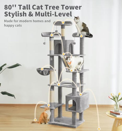 Made4Pets Tall Cat Tree, 80" Cat Tree Tower for Indoor Cats Large Adult, Modern Cat Tower with Scratching Post, Cozy Hammock, 3 Perches and 2 Condos, Sturdy and Fluffy, Light Gray - color: Light Gray