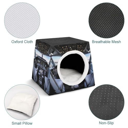 Airplane Cockpit Cat Bed for Indoor Cats - Foldable Cat & Dog House with Removable Cozy Cushion, Waterproof Oxford Washable Pet House for Small Pets 13.8" X 13.8" X 11.8"