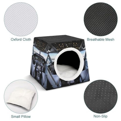 Airplane Cockpit Cat Bed for Indoor Cats - Foldable Cat & Dog House with Removable Cozy Cushion, Waterproof Oxford Washable Pet House for Small Pets 13.8" X 13.8" X 11.8"