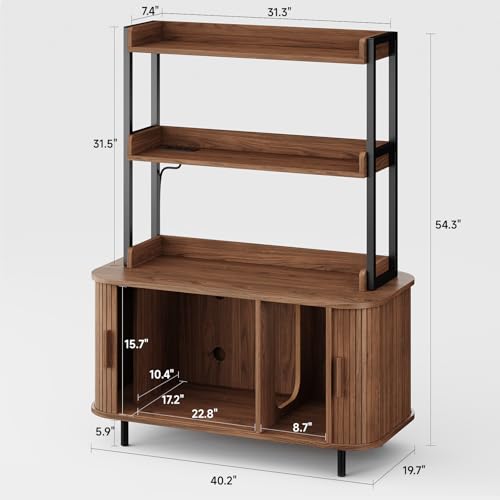 ONBRILL 54 Inch Hidden Litter Box Furniture with Shelves and Outlets,Fluted Cat Litter Box Enclosure, Mid-Century Modern Wooden Cat House with Sliding Tambour Door and Hooks, Walnut - color: Walnut