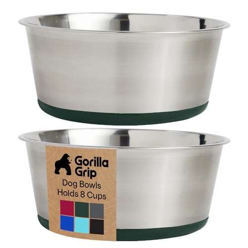 GORILLA GRIP Dog Bowls, Food Grade 304 Stainless Steel, Holds 8 Cups Each (64 fl oz) Food and Water Bowl for Feeding Dogs and Cats, Dishwasher Safe, Rust Resistant, BPA Free Rubber Base Set of 2 Green - color: Hunter Green, size: 8 Cup (64 Oz)