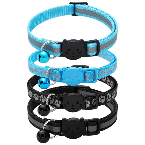 4-Pieces Adjustable Cat Collars with Bells, Breakaway Collars with Reflective Safety Design for Kittens & Cats